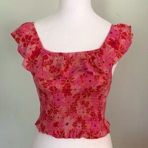 Hippie Rose, Pink and Red Ruffled Cap Sleeve Crop Smocked Blouse, Size S